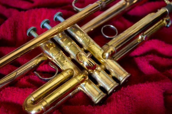 The image shows a brass trumpet resting on a red fabric background.